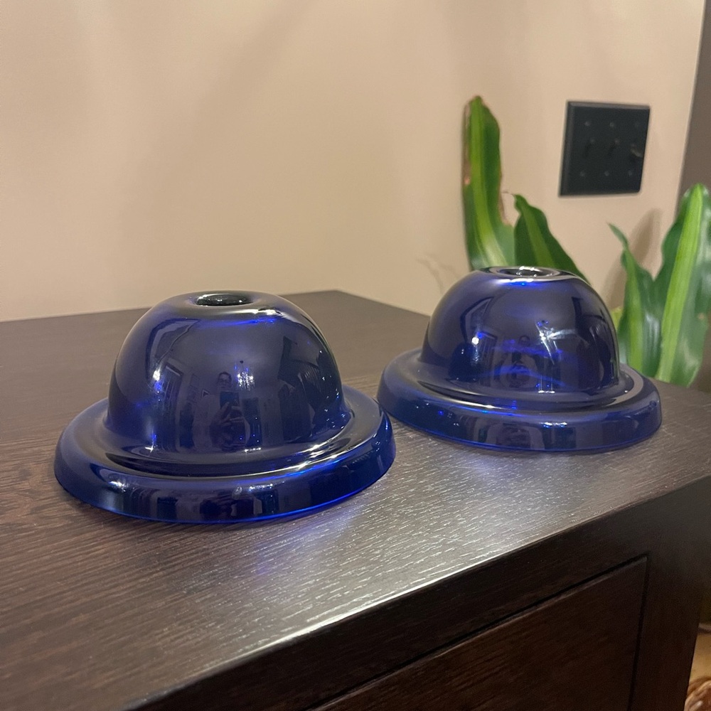 Pair Vintage Cobalt Glass Candle Stick Holders Modern